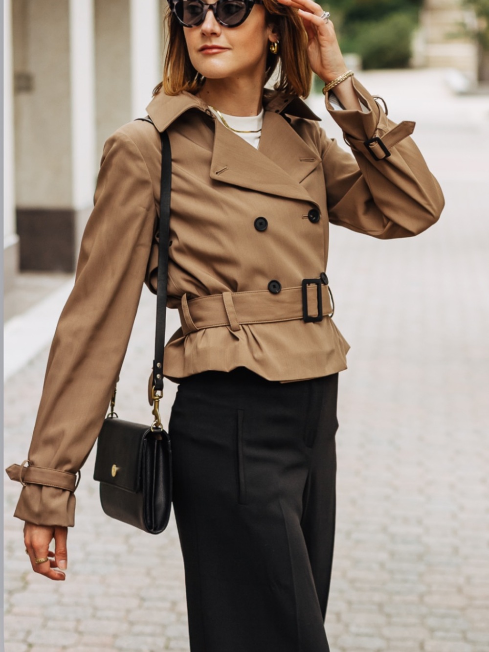 M.M LaFleur Camel Cropped Contemporary Classy Wool Button Trench Jacket